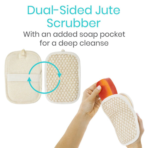 Vive Health 3-Piece Body Scrubbing Set, Dual-Sided Back Scrubber, Jute Soap Mitt, and Loofah Pad with Hanging Loops