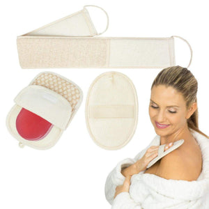 Vive Health 3-Piece Body Scrubbing Set, Dual-Sided Back Scrubber, Jute Soap Mitt, and Loofah Pad with Hanging Loops