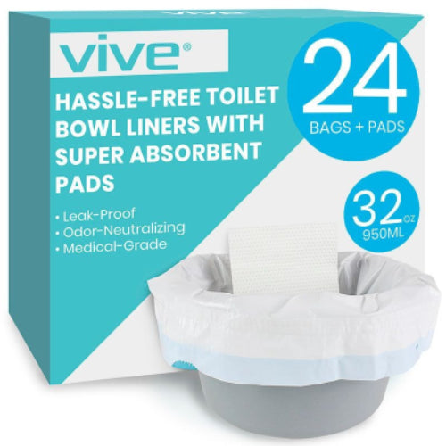 Vive Health Toilet Bowl Liners with Super Absorbent Pads, 24 Pack, Most Absorbent on Market, for Commodes Camping