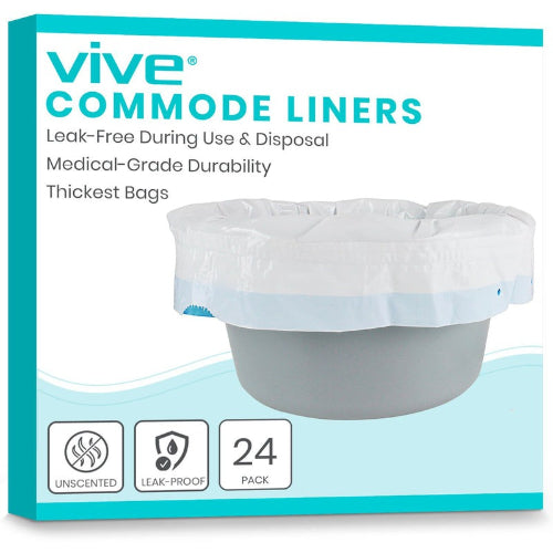 Vive Health commode liners 24-pack, leak-proof disposable toilet liners with drawstring for hygienic waste disposal, Moovkart.