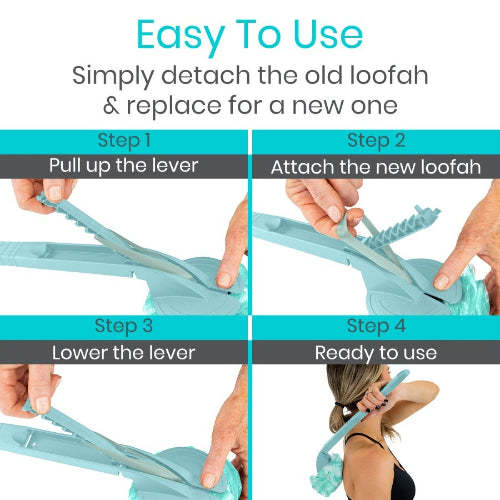 Vive Health Interchangeable Loofah Handle, Extended Reach and Secure Grip for Exfoliation, Teal