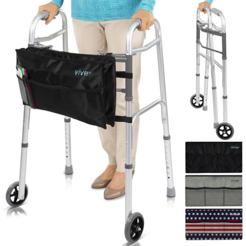 Vive Health Lightweight Folding Walker with adjustable height, push-button foldable design and accessories, Moovkart