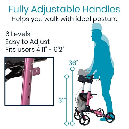 Vive Health Rollator Walker Foldable with Storage Bag, Pink