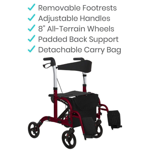 Vive Health Wheelchair Rollator Hybrid Aluminum, Red