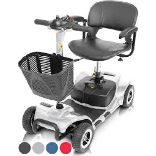 4 Wheel Mobility Scooter – Silver mobility scooter with four wheels, padded seat, backrest, and front basket.