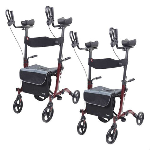 Vive Health Upright Walker in red with adjustable armrests and comfortable seating, Moovkart
