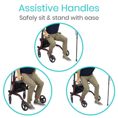 Vive Health Upright Rollator or Walker with Foldable Seat, Adjustable Height and Detachable Bag