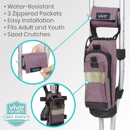 Vive Health Crutch Bag with Adjustable Straps and Hand Grip Covers, Purple