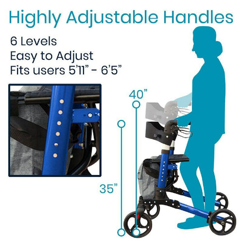 Vive Health Tall Foldable Rollator, 35 - 40 Inches, Aluminum, Blue