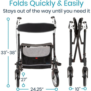 Vive Health Everglide Rollator Model S, Foldable with Tote Bag and Cane Holder, Black Hover