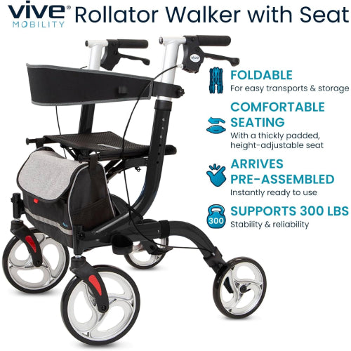 Vive Health Everglide Rollator Model S, Foldable with Tote Bag and Cane Holder, Black