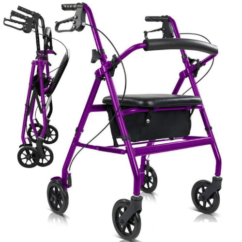 Vive Health Aluminum Lightweight Rollator, Padded Seat and Backrest with Dual Braking System, Purple