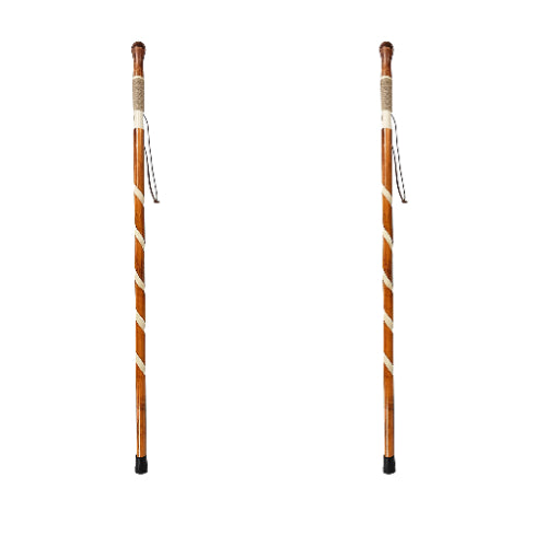 Vive Health Carved Wooden Walking Stick made from durable willow bark, featuring non-slip rubber tips and leather wrist straps, Moovkart.