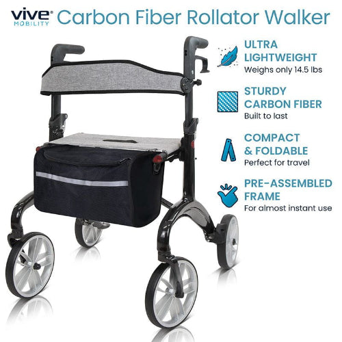 Vive Health Carbon Fiber Rollator Lightweight and Sturdy Mobility Aid