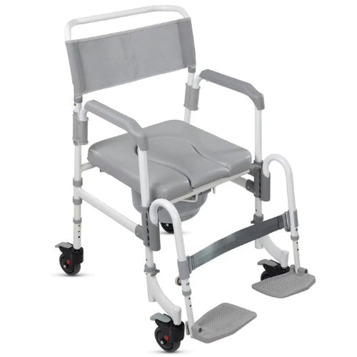 Vive Health Shower Commode Transport Chair with lockable wheels and adjustable footrests, offering comfort and convenience for users with mobility challenges, Moovkart