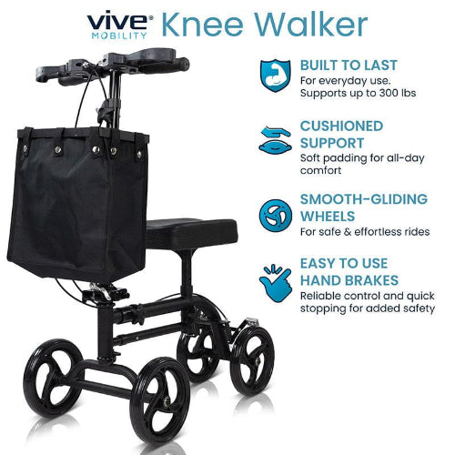 Vive Health Core Knee Walker with 8 Inches Wheels, Adjustable Handle and Cushioned Knee Pad