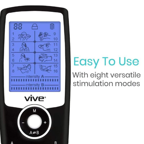 Vive Health 8 Mode TENS Unit, Portable Pain Relief Device with Self-Sticking Electrodes, Black