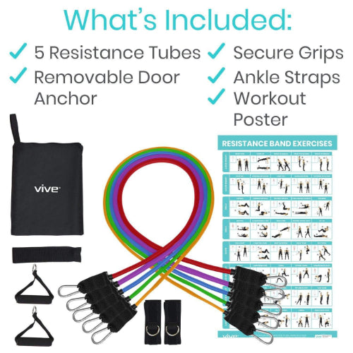 Vive Health Tube Resistance Bands with Metal Clips, Handles/Loops and Door Anchor, 11 Pieces