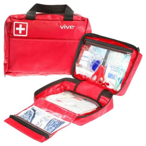 Vive Health First Aid Kit with 300 essential supplies in a red water-resistant case