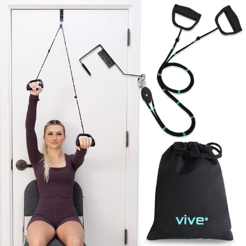 Vive Health Ergonomic Grip Shoulder Pulley for rehabilitation and strengthening exercises, featuring ergonomic handles and secure door anchor, Moovkart