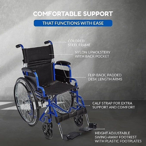 Ziggo Folding Lightweight Wheelchair, 16 Inches, Blue