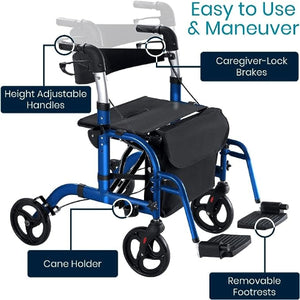 Vive Health Wheelchair Rollator Hybrid Aluminum, Blue Hover